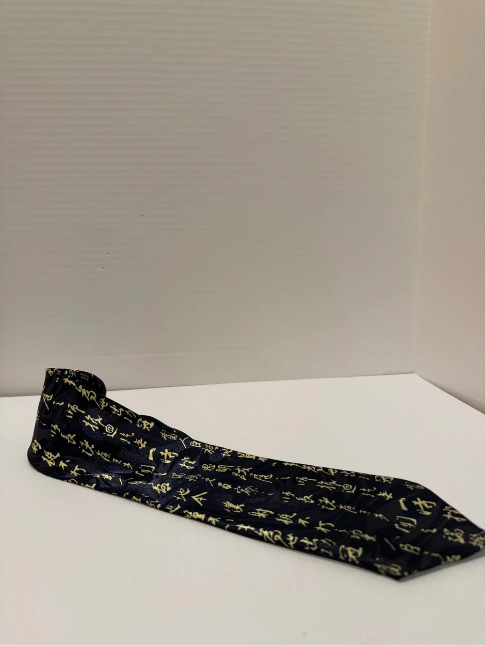 GOLD CITY Hand Made Navy Blue Necktie Tie Chinese Calligraphy Printed Silk